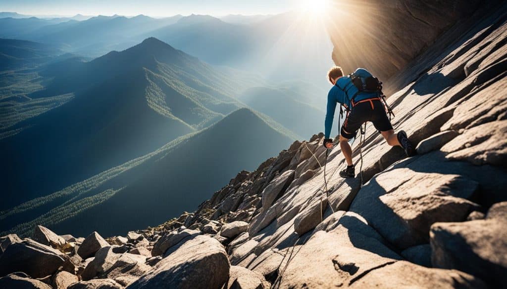 A lone figure climbing a steep mountain, hands and feet gripping tightly onto the rocky terrain as they push upwards with determination, despite the challenges and obstacles ahead. The sun beams down on their back, casting a shadow on the mountain's face, emphasizing the effort and struggle required to complete this task. The scene is filled with a sense of resilience, perseverance, and determination to succeed against all odds.